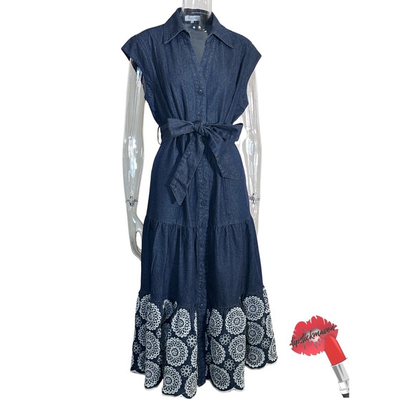 Solitaire Dresses & Skirts - Solitaire Maxi Dress Large Blue Denim White Eyelet Trim‎ Belted Feminine